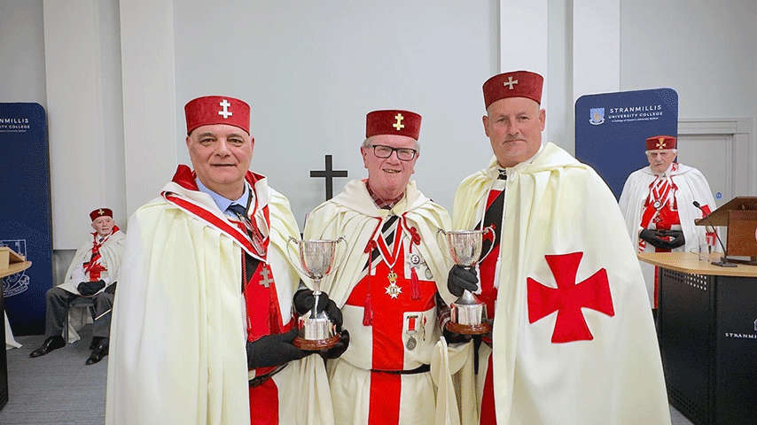 Pictured with the KWM Chalice who won it for the second year in a row, Sir Kt. Eric Jardine of Tandragee 105, Preceptory. L-R: Em Sir Kt Arnold Imrie, Rt Em Sir Kt Ken Gamble GCT, Sir Kt. Eric Jardine, Rt Em Sir Kt Frank Arnold GCT and V.Em Sir Kt Neil Coey.